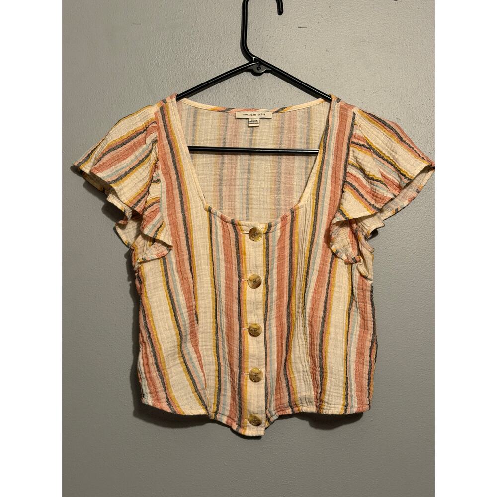 American Eagle Women’s Small Striped Cotton Gauze Crop Top Flutter Sleeve Boho